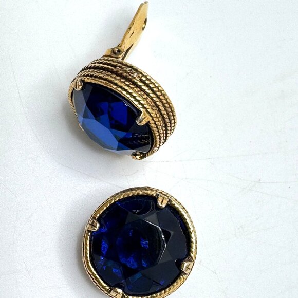 Cobalt Blue Earrings Vintage Crystal Textured Gold Tone Round Clip-On - Picture 13 of 13